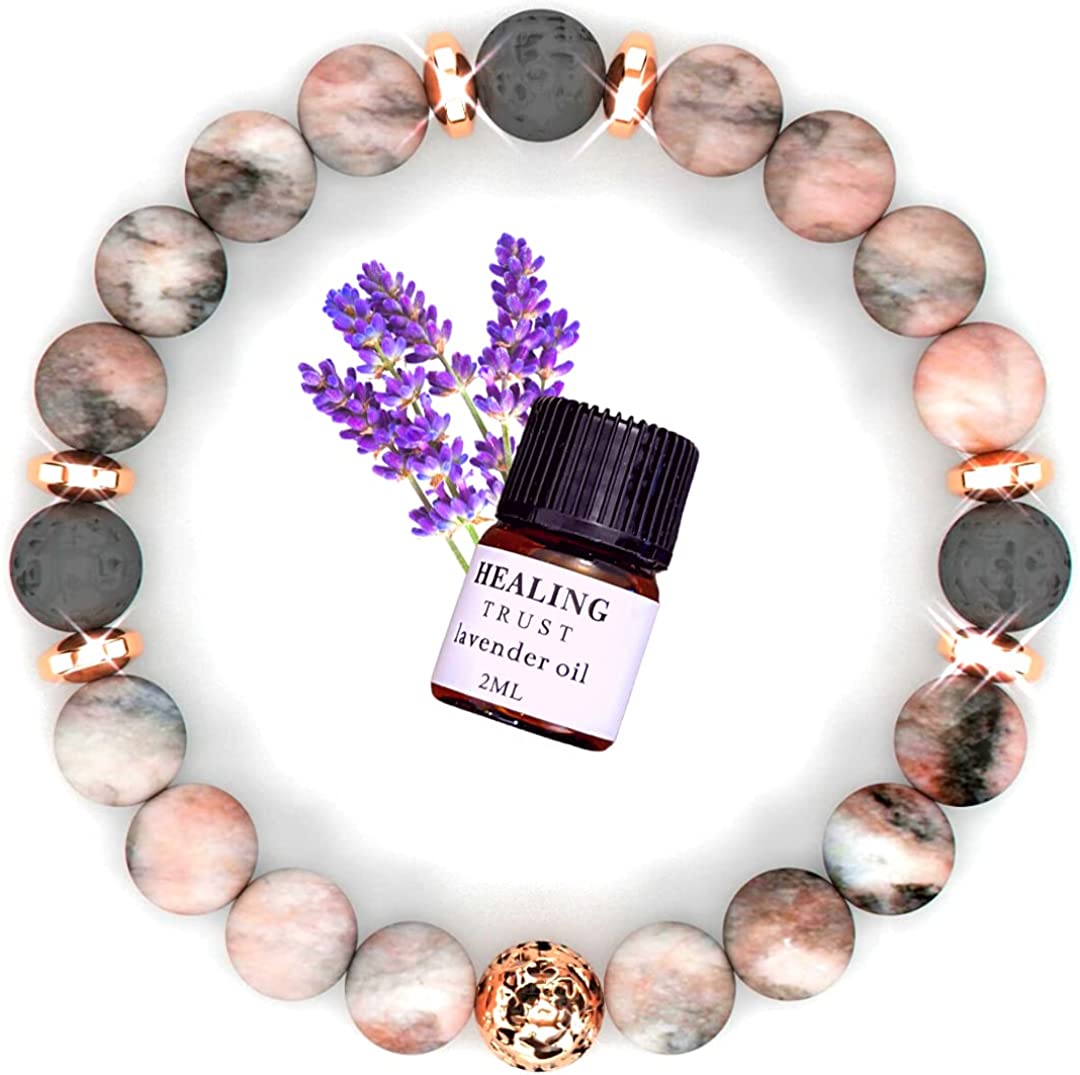 [Healing Trust] Lava Rock Bracelet with Lavender Essential Oil, Pink Zebra Jasper Essential Oil Diffuser Bracelet, Yoga Mediation Bracelet Stone Diffuser, Relaxing Aromatherapy Diffuser Bracelet, Pink Bracelet for Women and Men - Image 1